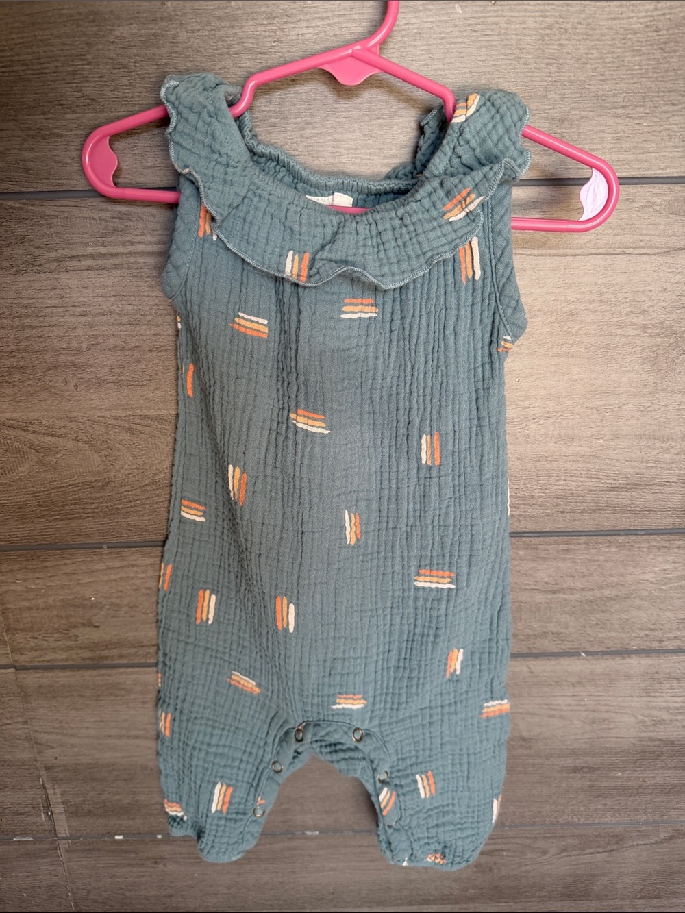 Dot Dot Smile Teal Gauze Ruffle Romper with Orange Stitching